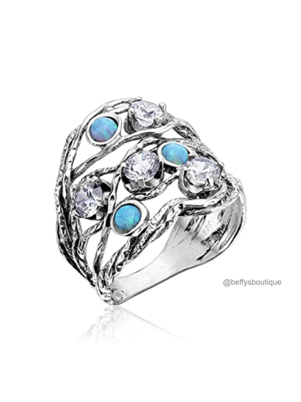 925 Sterling Silver Statement Ring with Opal & Cubic Zirconia, Boho Vintage